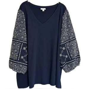 J Jill Knit Top Shirt Blouse Navy Blue Embroidered Sleeve Floral Size 3X - Picture 1 of 15