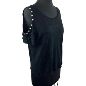 Generation Love Black Linen Knit Short Flutter Sleeve Cold Shoulder Beaded Top M - Picture 1 of 8