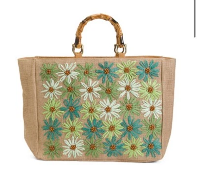 Bolsa tote floral com miçangas de crochê Natasha com alças de bambu - Imagem 1 de 3