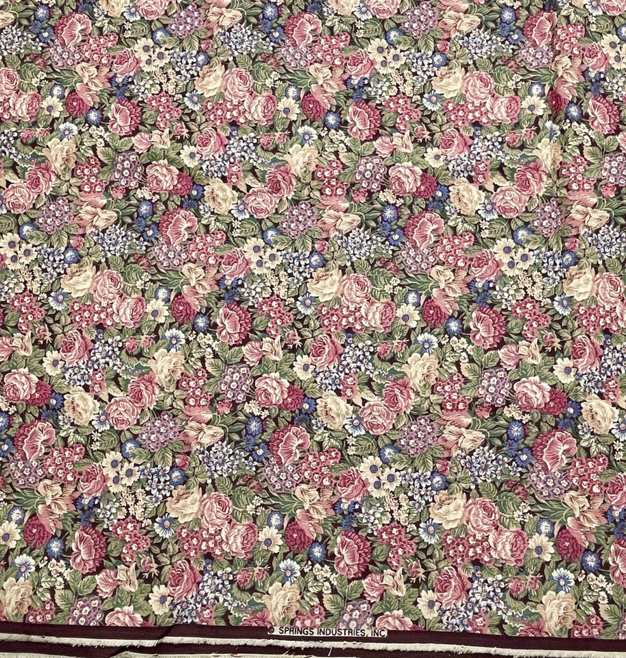 Tela vintage Springs Industries - rosa azul marfil floral sobre marrón 2 yardas Foto 1 de 1