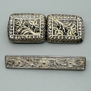 2 broches - plata - flores florales filigrana - vintage antiguo - Imagen 1 de 7