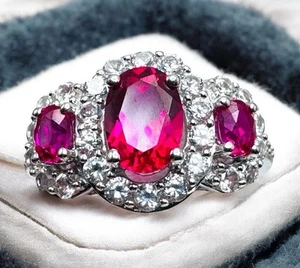 Sterling Silver 925 Ruby Diamond Lab Created JH Ring Size 8.25 Beautiful - Picture 1 of 9