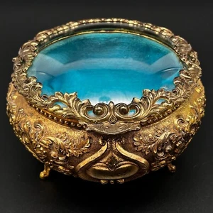 Lovely Antique Ornate Round Tri-Footed  Jewelry 5.5" Casket with Domed Glass Top - Picture 1 of 12