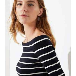 NWT LOFT Black Ivory striped 3/4 sleeve off the shoulder tee XS Xsmall - Picture 1 of 3
