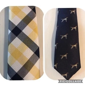 NWT Boy's Class Club Gold Label 50" Silk Tie Yellow Navy Blue Plaid Or Bird Dog - Picture 1 of 9