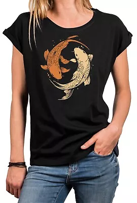 MAKAYA Damen T-Shirt mit Sushi Motiv Fische Yin Yang Meditation Top Spirituell Tunkia