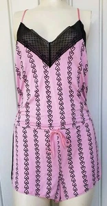 Victoria's Secret Shorts Romper Size Medium Pink Black Hearts Lace  - Picture 1 of 6