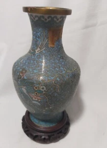 Antique Chinese enamel dragon cloisonne vase on stand H16cm - Picture 1 of 7