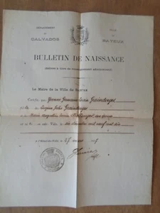 Ancien bulletin de naissance 1917 Ville de Bayeux Yvonne Graindorges née en 1910 - Imagen 1 de 1