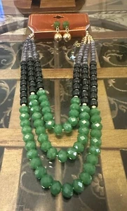 Nicole Miller Three Strand Necklace with Earrings Green Black Gray Beads - Picture 1 of 2