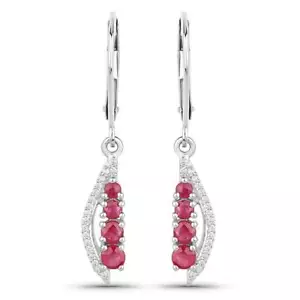 14k White Gold Natural Ruby and Diamonds Minimalist Dainty Dangle Drop Earrings - Picture 1 of 4