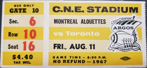 1967 C.N.E. Stadium Montreal Alouettes vs Toronto Argonauts CFL Football Ticket Cover