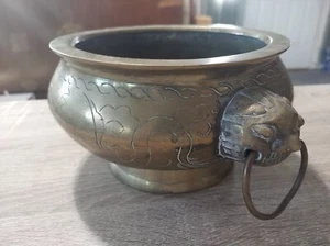 Vintage etched brass Chinese bowl with demon face handles. Dragon pattern - Picture 1 of 8