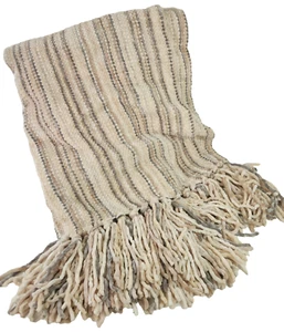 Pier 1 Throw Blanket Chenille Fringe Stripe Soft Boho 54 x 70" Neutral - Picture 1 of 3