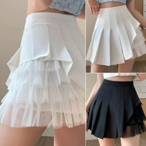 Faldas plisadas asimétricas para mujer malla retazos cintura alta línea A preppy - Imagen 1 de 11