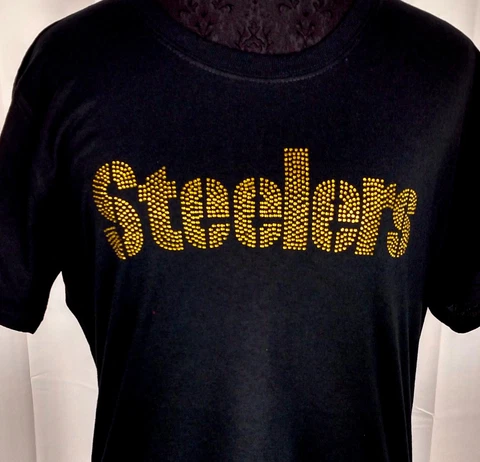 Women's Pittsburgh Steelers Rhinestone Football T-Shirt Tee Bling Ladies Cover