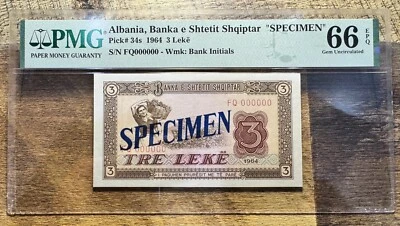 1964 Albania 3 Leke P-34s PMG 66 EPQ * BLUE DIAGONAL SPECIMEN * RARE * - Image 1 of 2