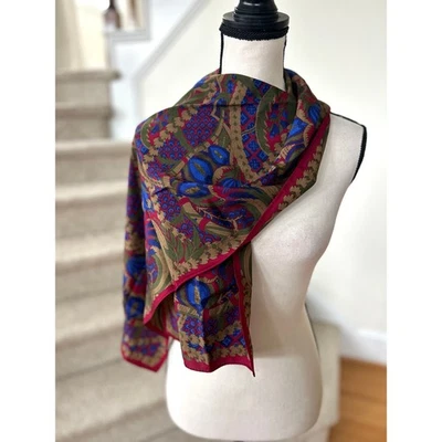 Vintage 80s Olive Cobalt Blue Burgundy Silk Lotus Floral Paisley Scarf - Image 1 of 4