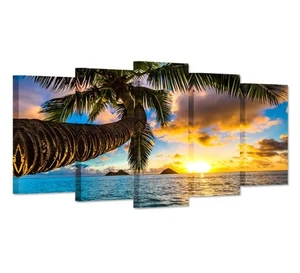 5 Panel Canvas Wall Art Tropical Beach Sunset Palm Tree Ocean Landscape 50x24 - Picture 1 of 4