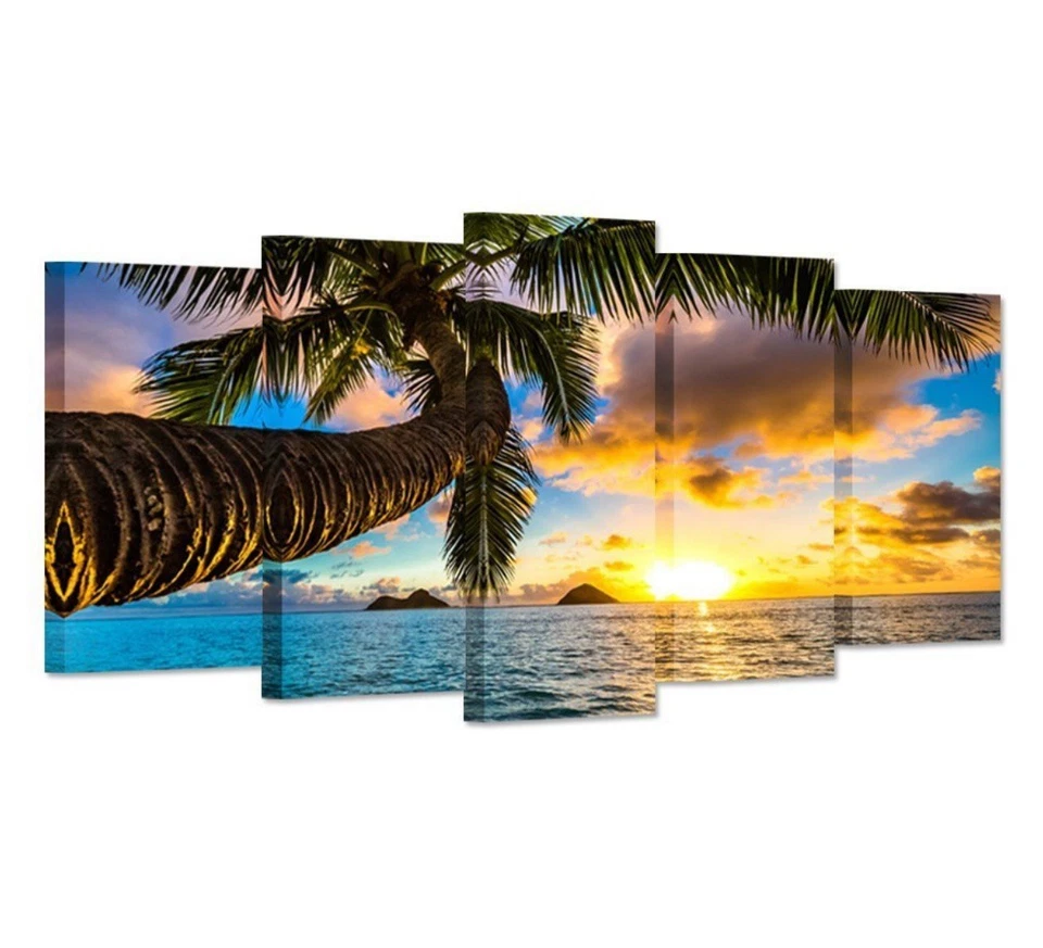 5 Panel Canvas Wall Art Tropical Beach Sunset Palm Tree Ocean Landscape 50x24 - Image 1 of 4