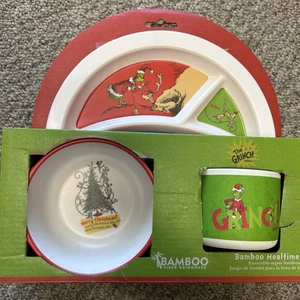 The Grinch Bamboo Mealtime Set Plate Bowl Mug 3 Pc Dr. Seuss Box Had Damage - Picture 1 of 9