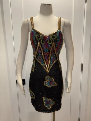 Vtg 80s Sequin Bejeweled Party Dress Beaded Bustier Glam Party 80s Prom Dress - Image 1 of 4