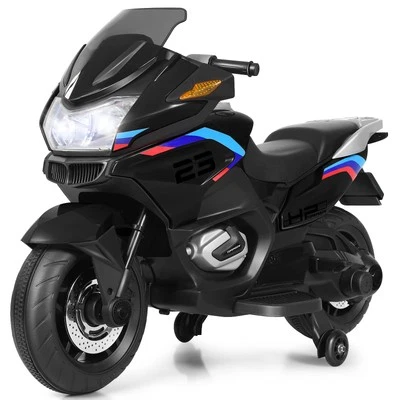 12V Kids Ride On Motorcycle Electric Motor Bike w/ Training Wheels & Light Black - Image 1 of 4