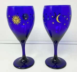 2 Libbey Celestial Sun Moon Stars Cobalt Blue Wine Glasses Astrological Y2K Vtg. - Picture 1 of 17