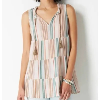 Top túnica a rayas Jill en capas verde marfil marrón borla cuello en V sin mangas M Foto 1 de 4
