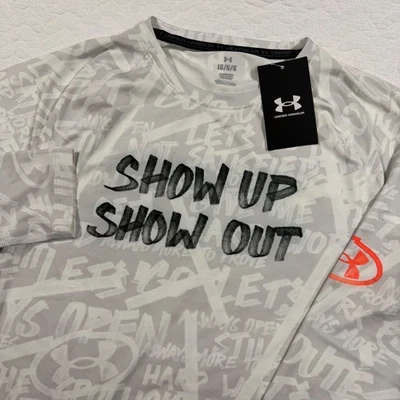 Camisa de compresión manga larga Under Armour HeatGear blanca graffiti LG nueva Foto 1 de 4