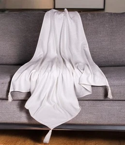 60" X 50" White Woven Cotton Throw Blanket - Picture 1 of 8