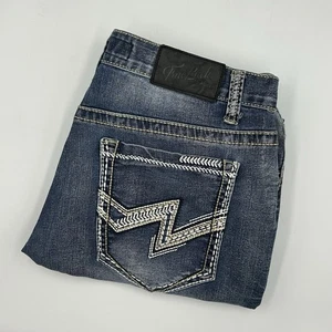 TRUE LUCK Men's 34 x 32 Blue Denim Jeans Straight Leg Stretch Embroidered Retro - Picture 1 of 10