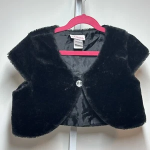 Black Faux Fur Shrug Bloome De Jeune Fille Rhinestone Button Girls Size 10/12 - Picture 1 of 7