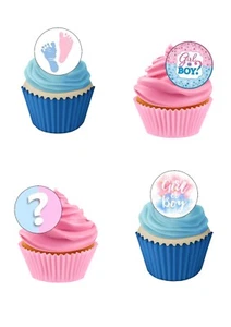 Cake Toppers Gender Reveal Pink Blue 24 Pre-Cut Edible Wafer Paper Decorations - Picture 1 of 8