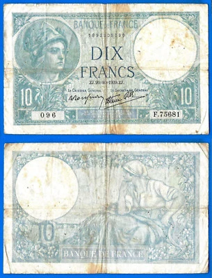 France 10 Francs 1939 Minerve Europe Frcs Frcs Free Shipping Worldwide - Image 1 of 3