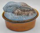 2Pc Bunny Rabbit Tureen Dish Vtg 50s Portugal Majolica Farmhouse Casserole