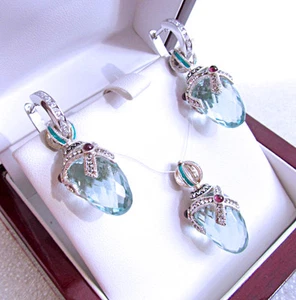 OUTSTANDING ENAMEL PENDANT & EARRINGS SET SOLID STERLING SILVER 925 AQUAMARINE - Bild 1 von 1