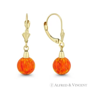 Pendientes colgantes con palanca trasera de oro amarillo de 14 K de bola de ópalo de fuego creado en laboratorio naranja - Imagen 1 de 7