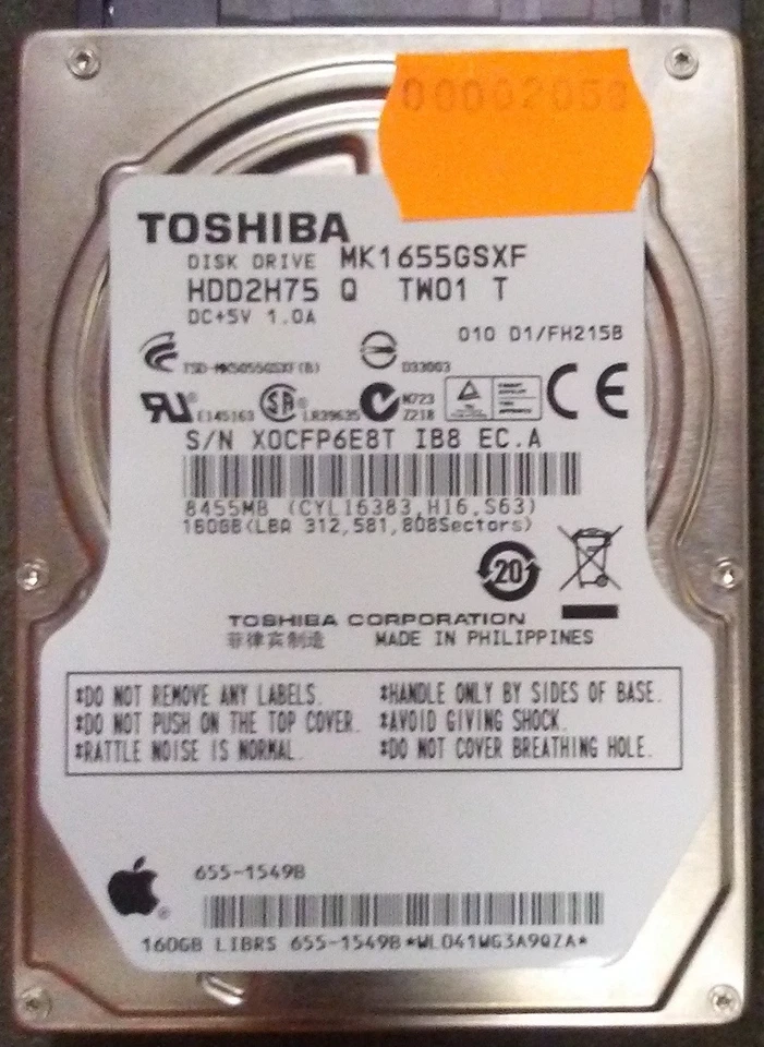 Toshiba MK1655GSXF 160Gb 2.5" SATA Hard Drive 2058 - Image 1 of 1