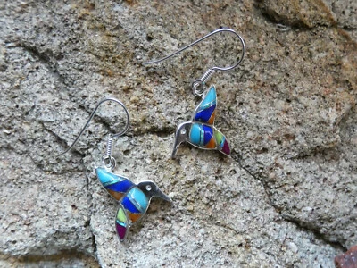 Hummingbird Multi Color Gemstone & Opal Sterling Silver French Wire Earrings Z12 - Image 1 of 4