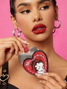 New BETTY BOOP Pocket HEART Shaped MIRROR w COVER Key Chain Hook CROWN Red - Picture 1 of 6