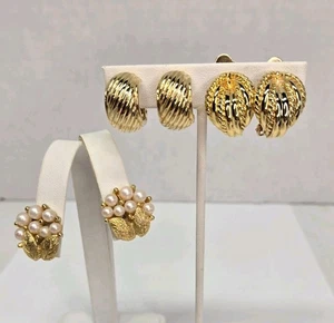3 Pair HIGH END Vintage Gold Plated CLIP-ON EARRINGS Excellent Condition - Picture 1 of 4