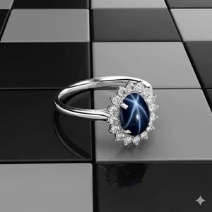 Blauer Stern Saphir Halo Ring Sterlingsilber 925 / Topas / oval geformt - Bild 1 von 5