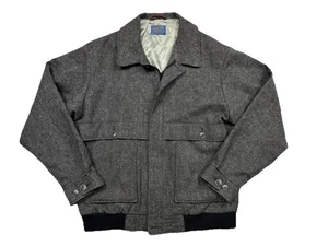 Vintage Pendleton Mens L Gray 100% Virgin Wool Tweed Bomber Jacket Coat Zip USA - Picture 1 of 7