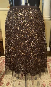 BCBG Maxazria Scattered Sequins Skirt Tulle Hem Silk Lined Zip Straight Brown M - Picture 1 of 12