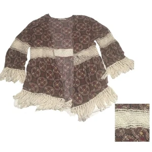 Entro Wickel Damen groß braun vorne offen creme Spitzeneinsätze Fransen Boho Coastal - Bild 1 von 8