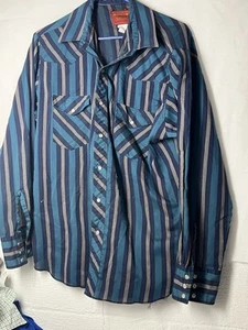 Vintage Rustler X-Long Tails Men’s Large Pearl Snap Button Down Teal/Navy Cowboy - Picture 1 of 3