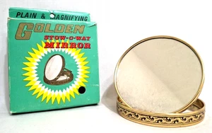 Vintage 1952 Era Original Golden Stow-a-way Travel Mirror Round Engraved In Box - Picture 1 of 8