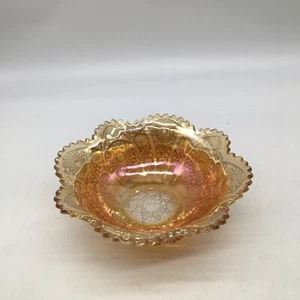 Vintage DAISY AND BUTTON Marigold Orange IMPERIAL GLASS Bowl Iridescent 3”Hx8.5 - Picture 1 of 11