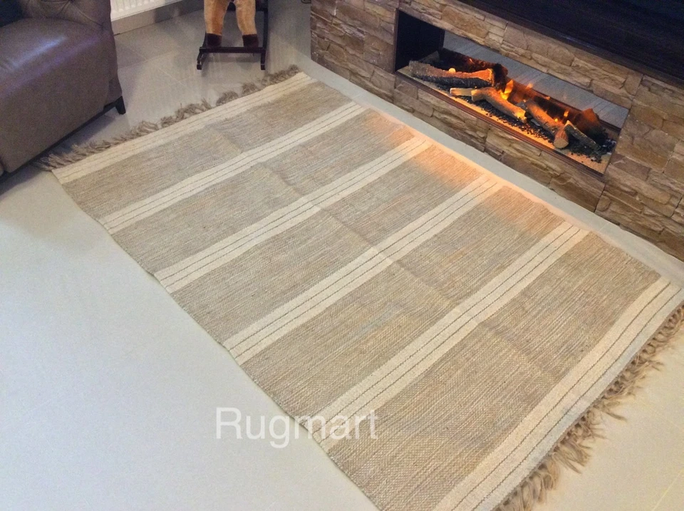 Eco Friendly Natural Cotton Jute Mix Striped Cream Beige Washable Rugs Dhurries - Image 1 of 4